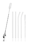 ABOOWE Burgulu Çatallı Bar Kaşığı 33 cm Kokteyl Karıştırma Kaşığı & Cam Pipet Seti - 1