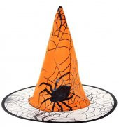 Turuncu Renk Örümcek Desen Temalı Halloween Cadı Şapkası Büyücü Şapkası - 1