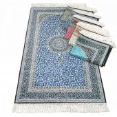 Hediyelik Seccade Lüks İpek Ahu, Kristal Tesbih, Kadife Kuran-ı Kerim Asetat Kutu (30×18) Süslemeli Dini Set-Lacivert - 2