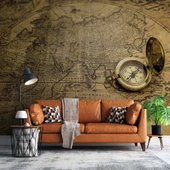 Vintage Dünya Haritası ve Pusula Duvar Kağıdı thumbnail 1