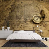 Vintage Dünya Haritası ve Pusula Duvar Kağıdı thumbnail 2