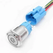 16mm Kırmızı Power Sembol Ledli Kablolu Kilitlemeli Tip Metal Button Latch Panel Montaj Düz Kafa COM NO NC DC 6A 12V IP67 Su Geçirmez Paslanmaz Çelik Düğme Start Kontrol Otomasyon - 3