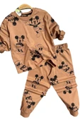 Erkek Çocuk Ayıcık Baskı Bilekleri ve Beli Lastikli Likralı Kazak Kahverengi Pijama Takım - 1