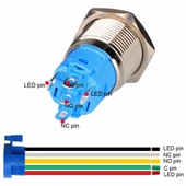 16mm Kırmızı Power Sembol Ledli Kablolu Kilitlemeli Tip Metal Button Latch Panel Montaj Düz Kafa COM NO NC DC 6A 12V IP67 Su Geçirmez Paslanmaz Çelik Düğme Start Kontrol Otomasyon - 7