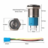 16mm Kırmızı Power Sembol Ledli Kablolu Kilitlemeli Tip Metal Button Latch Panel Montaj Düz Kafa COM NO NC DC 6A 12V IP67 Su Geçirmez Paslanmaz Çelik Düğme Start Kontrol Otomasyon - 2
