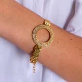 Yarım Altın Çerçeve Bileklik Çelik Altın Kaplama Örgü Model -BLZ-625 thumbnail 2