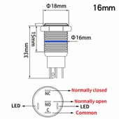 16mm Kırmızı Power Sembol Ledli Kablolu Kilitlemeli Tip Metal Button Latch Panel Montaj Düz Kafa COM NO NC DC 6A 12V IP67 Su Geçirmez Paslanmaz Çelik Düğme Start Kontrol Otomasyon - 8