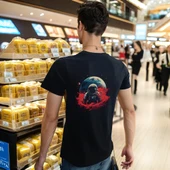 Man On The Moon T-shirt %100 Pamuklu Siyah Penye Basic Erkek Tişört thumbnail 3