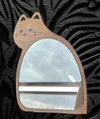 Masa üstü dekoratif makyaj aynası Kedi figürlü Ahşap model - 4
