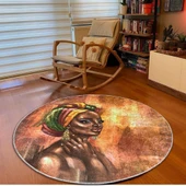 Etnik Afrikalı Kadın Desenli 180 cm Çap Büyük Boy Kilim Yuvarlak Dijital Baskı Halı - 1