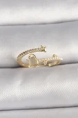 Pirinç Gold Renk Zirkon Taşlı Beyaz Mineli Yıldız Detaylı Ayarlanabilir Kadın Yüzük - TJ-BYK3569 - 1