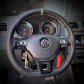 DİKİŞLİ DİREKSİYON KILIFI İTHAL SİYAH DERİ NOKTALI DERİ GRİ YÜZÜK GRİ DİKİŞLİ VW POLO İÇİN - 1