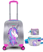 Coral High Gri Pembe Unicorn Kız Çocuk Valiz Bel Çantası ve Bozuk Para Cüzdanı Seti - 1