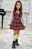 Kız Çocuk Üzeri Kare Çizgili İspanyol Kol Bebe Yakalı Kırmızı Elbise thumbnail 8