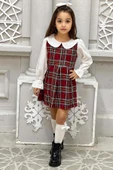 Kız Çocuk Üzeri Kare Çizgili İspanyol Kol Bebe Yakalı Kırmızı Elbise thumbnail 2