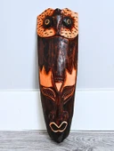Ahşap Oyma Baykuş Surat Mask Totem Aborjin Tipi Duvar Objesi Mindi Ağacı El Oyması 30 cm - 2