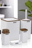 Okyanus Home Stella Beyaz Ahşap Desenli Çizgili 5'li Banyo Seti - 4