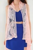 Pareo Dantel Yelek Mayo Bikini Üzeri Yaprak Desenli Püsküllü Plaj Elbisesi - Açık Pembe thumbnail 2