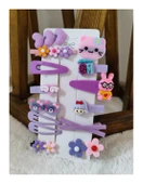 14 Lü Set Çocuk Saç Tokası Seti Mor Tema Çoklu Figürlü Toka Set - 1