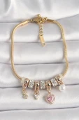 316L Çelik Gold Renk Zincir Zirkon Taşlı Sallantı Kalp Model İnci Detay Charm Kadın Bileklik - TJ-BB6688 - 1