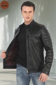 Erkek Hakiki Kuzu Derisi Ceket Siyah Biker Mont Kapitone Kollu Slim Fit El Yapımı Şık Deri Ceket - 5