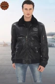 Erkek Bomber Ceket Siyah Hakiki Kuzu Derisi Havacı Pilot Mont Kürklü Yaka Kışlık - 2