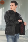 Erkek Hakiki Kuzu Derisi Ceket Siyah Biker Mont Kapitone Kollu Slim Fit El Yapımı Şık Deri Ceket - 2