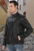 Erkek Hakiki Derimont Siyah Kuzu Derisi Ceket Fermuarlı Cepli El Yapımı Motorcu Tarzı Slim Fit - 4