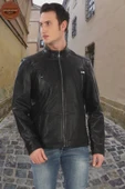 Erkek Hakiki Derimont Siyah Kuzu Derisi Ceket Fermuarlı Cepli El Yapımı Motorcu Tarzı Slim Fit - 2