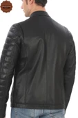 Erkek Hakiki Kuzu Derisi Ceket Siyah Biker Mont Kapitone Kollu Slim Fit El Yapımı Şık Deri Ceket - 4