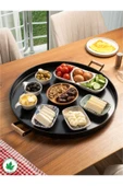 51cm Ahşap Kulplu Krem Metal Tepsi Yuvarlak Çay Tepsisi Sunum Tepsisi Tahta Kulplu Büyük Tepsi - 7