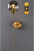 Fico Home Modern Tasarım Füme Camlı Pilli Aplik Kablosuz Tak Çalıştır Aç Kapa Butonlu Eskitme Gold Sarı - 1