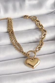 316L Çelik Gold Renk 2'Li Zincir Model Kalp Figür Kadın Bileklik - TJ-BB6727 - 1