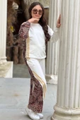 Kız Çocuk Kolları ve Paçaları Leopar Desen, Gold Şerit Detaylı Beyaz Eşofman Takım - 3