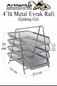 4 lü Metal Evrak Rafı Gri 1 Paket Masaüstü A4 Dosya Düzenleyici Kağıt Tepsisi Metal Çelik Fileli Dört Katlı Hareketli - 3