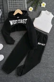 Kız Çocuk Kolsuz Bluz West Coast Baskı Kapüşonlu Crop Kaşkorse 3'lü Siyah Eşofman Takım thumbnail 1