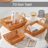Porsima 301-A Dikdörtgen 3'lü Hasır Sepet Dekoratif Ev Düzenleyici Kendinden Kulplu Hasır Sepet Seti Banyo Düzenleyici Sepet - 1