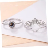 100 Dilde Seni Seviyorum Paslanmaz Çelik Gümüş Renk Kraliçe Tacı Projeksiyon Sevgiliye Özel Çift Yüzük - 5