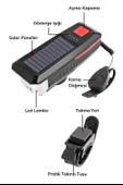 Solar Ledli Bisiklet Feneri Kornalı  USB ile Şarj Edilebilir  Su Geçirmez Far - 2