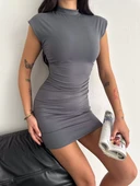 Yarım Bogazlı Kolsuz Mini Boy Elbise - Gri - 4