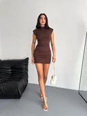 Yarım Bogazlı Kolsuz Mini Boy Elbise - Kahve - 1