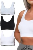 Kadın Pedli Kalın Askılı Crop Büstiyer Siyah Beyaz Gri 3'lü Set - 1