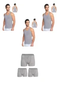 Erkek Pamuklu 3'lü Gri Sporcu Atlet ve 3'lü Gri Boxer 6 Parça Set - 1