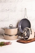 Mango Kitchen Majestic Crystal 7 Parça Granit Tencere Seti Bej Mastercook Yapışmaz Tencere Tava Seti - 1