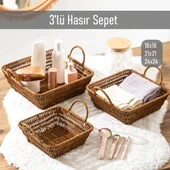Porsima 303-C Kare 3'lü Hasır Sepet Dekoratif Ev Düzenleyici Kendinden Kulplu Hasır Sepet Seti Banyo Düzenleyici Sepet - 1