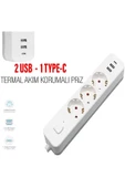 Akım Korumalı Isıya Dayanıklı Çocuk Koruma Priz Uzatma Kablosu - 2 USB - 1 Type-C Girişli Çoklu Fiş - 1