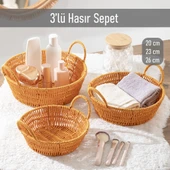 Porsima 304-A Yuvarlak 3'lü Hasır Sepet Dekoratif Ev Düzenleyici Kendinden Kulplu Hasır Sepet Seti Banyo Düzenleyici Sepet - 1