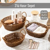 Porsima 302-C Oval 3'lü Hasır Sepet Dekoratif Ev Düzenleyici Kendinden Kulplu Hasır Sepet Seti Banyo Düzenleyici Sepet - 1