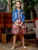 Kız Çocuk Baskılı Dantel Elbise Kot Ceket Takımı M00718 thumbnail 2