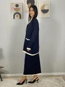 Kadın Şerit Detaylı Gold Düğmeli Oversize Hırka Etek Takım (Lacivert) - 3